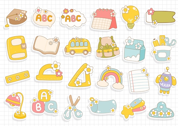 Groovy Back to SchoolCute Stationary Sticker Ilustração vetorial