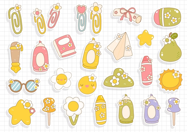 Groovy Back to SchoolCute Stationary Sticker Ilustração vetorial