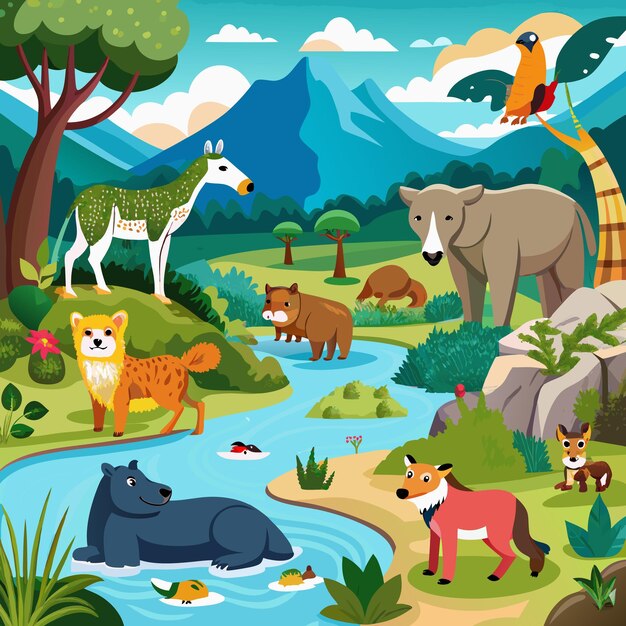 Vetor grupo de animais selvagens caro ilustração de animais selvagens desenhada à mão conceito do dia mundial do bem-estar dos animais