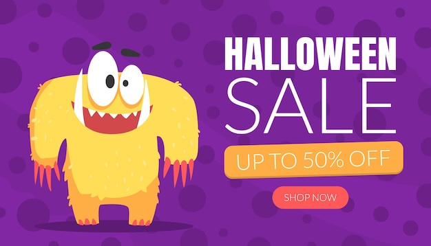 Halloween Sale Landing Page Template Cute Funny Monster Character Oferta Especial Até 50% de Desconto Site Aplicativo Móvel Página inicial Ilustração vetorial de desenhos animados