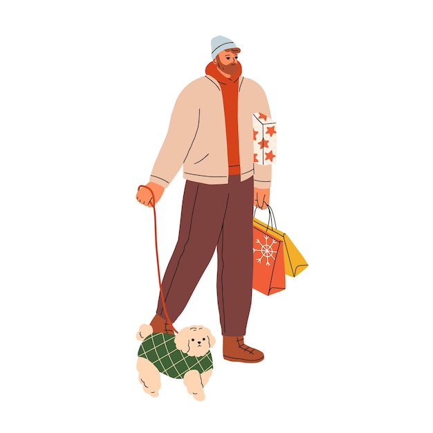 Homem com caixas de presente de Natal, sacolas de compras, andando com cachorro na coleira nas férias de inverno. Pessoa feliz andando na rua, preparando-se para o Natal. Ilustração vetorial plana isolada sobre fundo branco.