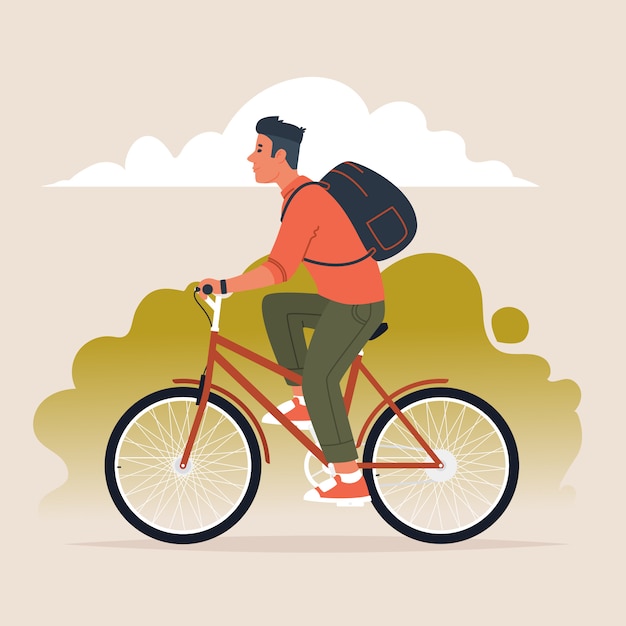 Homem com uma mochila nas costas anda de bicicleta. Estilo de vida ativo. Ilustração vetorial em um estilo simples