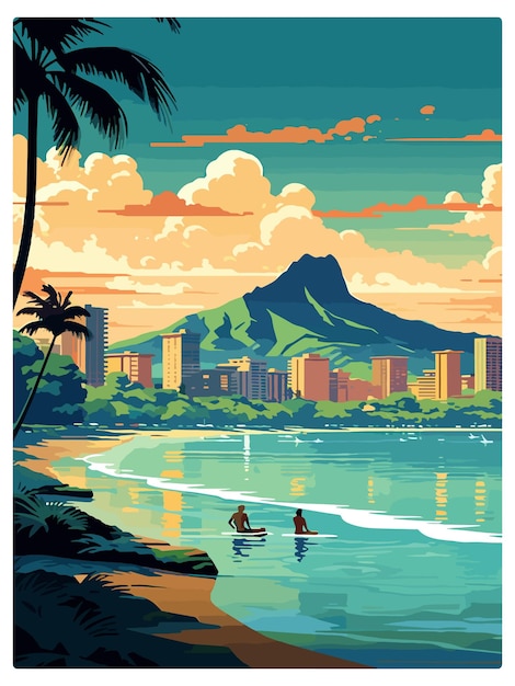 Vetor honolulu havaí poster de viagem vintage souvenir cartão postal retrato pintura ilustração wpa