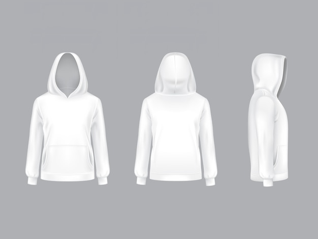 hoodie branco realista com mangas compridas e bolsos, modelo unissex casual