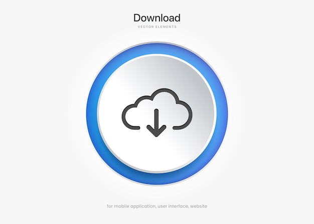 ícone de botão de download 3D. Ícone de upload. Símbolo do lado inferior da seta para baixo. Clique aqui botão para UI UX