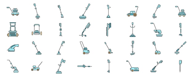 Vetor ícones de cortador de jardim definem linha de cor vetorial