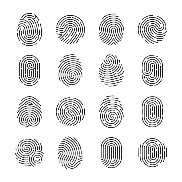 Vetor Ícones detalhados de impressão digital. símbolos de vetor de polegar de scanner de polícia. pictogramas de identificação de segurança de pessoa de identidade. identidade de dedo, tecnologia biométrica