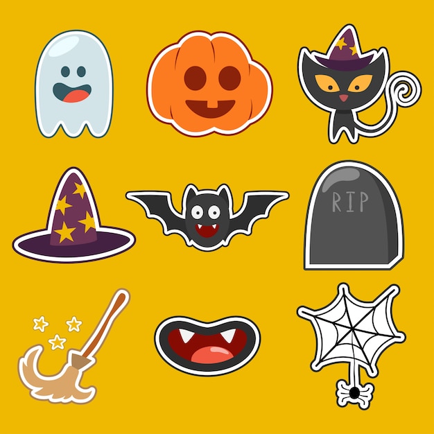 Ícones e personagens fofinhos de Halloween conjunto isolados.