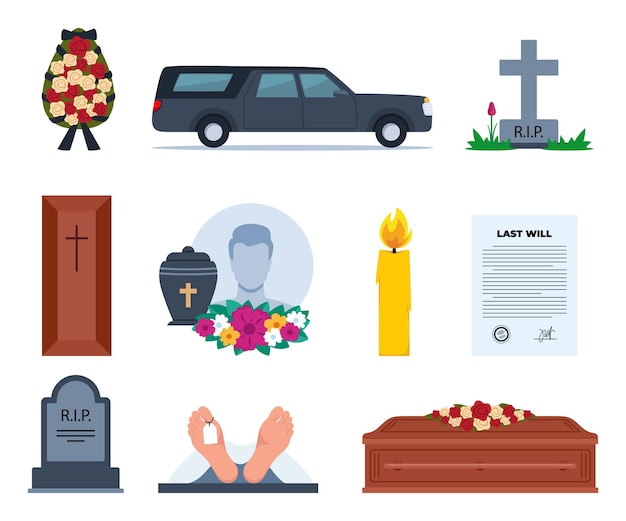 Vetor ícones funerários acessórios funerários coroa funerária caixão urna de lápide