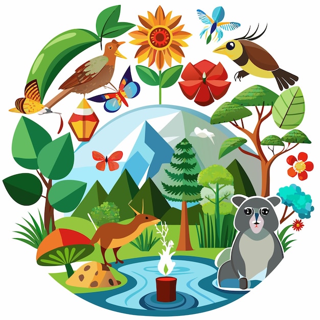 Vetor ilustração colorida de uma floresta com animais, plantas e uma lagoa