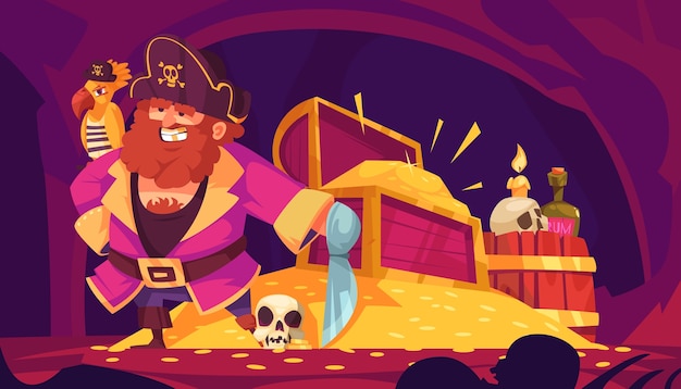 Ilustração de aventura pirata em design plano.