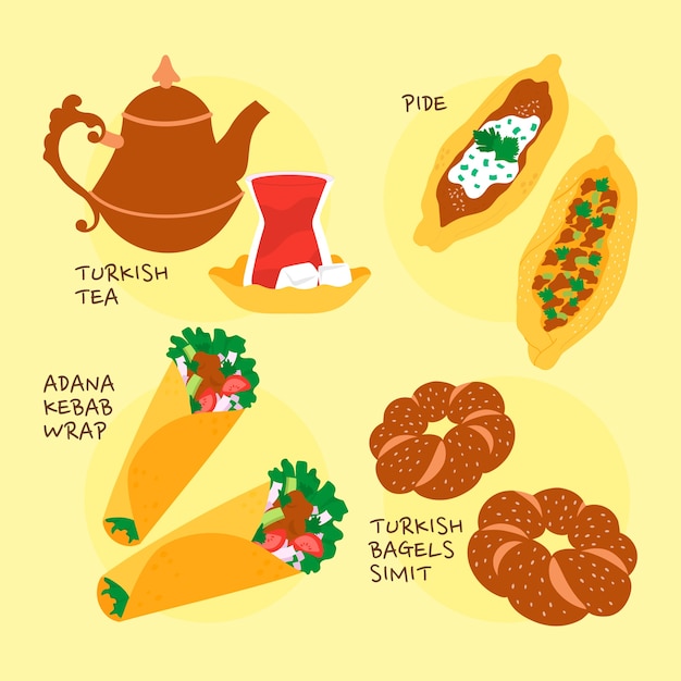 Ilustração de comida turca de design plano desenhado à mão