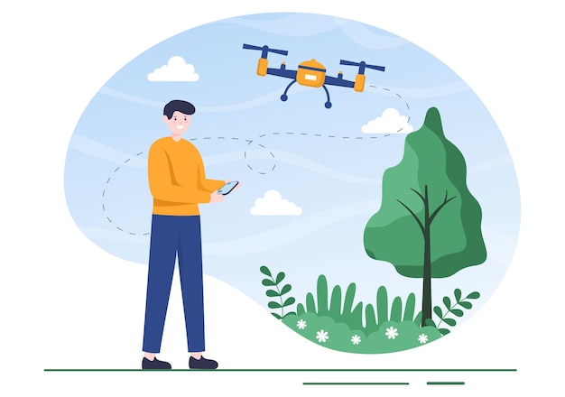 Vetor ilustração de drone com controle remoto da câmera acionado voando para tirar fotos e gravar vídeos