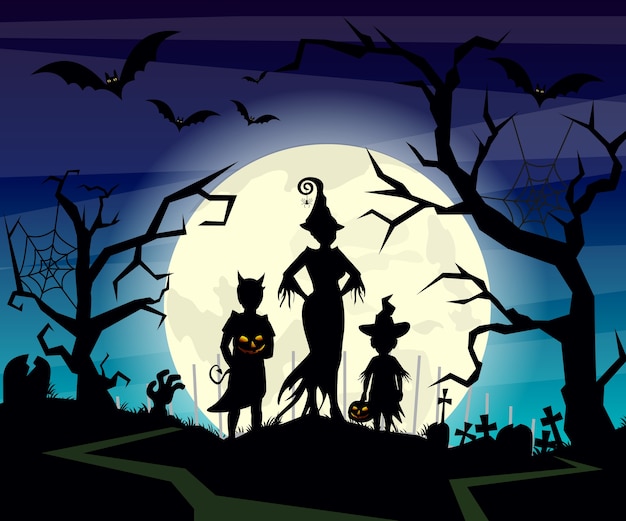 ilustração de fundo de Halloween com silhuetas de crianças truque em fantasia de Halloween no céu azul escuro da noite. Cartão postal de Halloween em.