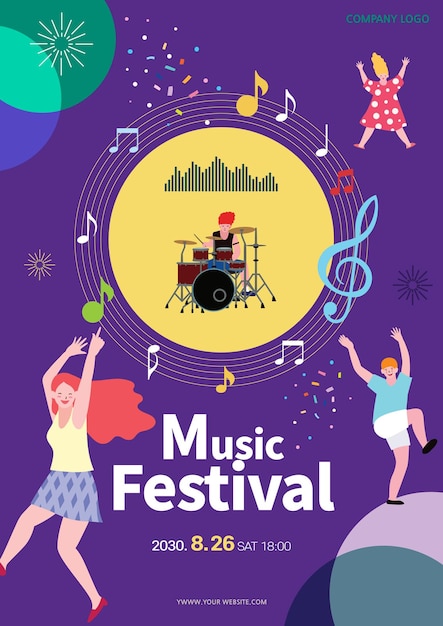 Vetor ilustração de fundo roxo com pessoas desfrutando de um festival de música e um baterista