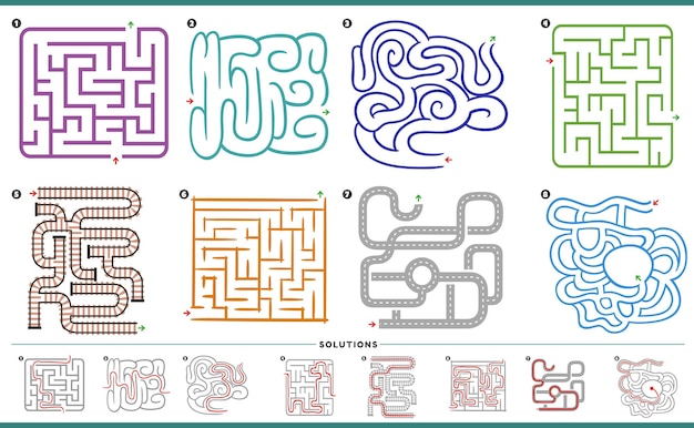 Vetor ilustração de gráficos de atividades de quebra-cabeça de labirinto com soluções