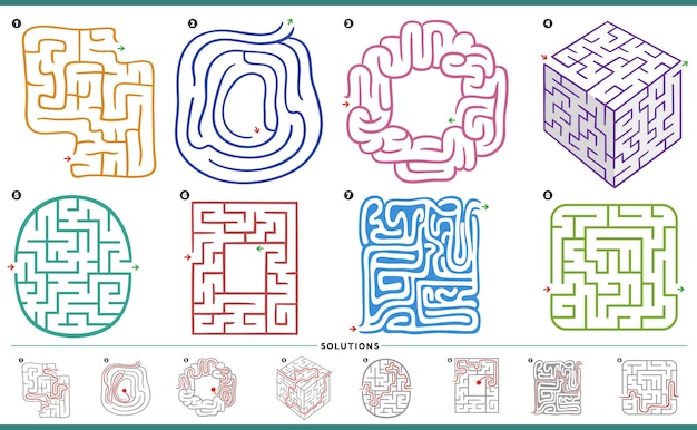 Vetor ilustração de gráficos de atividades de quebra-cabeça de labirinto com soluções