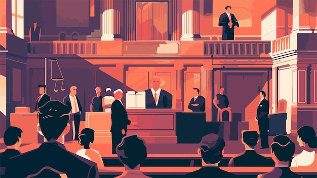 Vetor ilustração de pessoas na sala de julgamento com juiz e tribunal