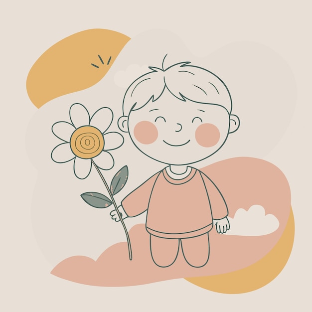 Vetor ilustração de um menino sorridente com uma flor e um menino alegre