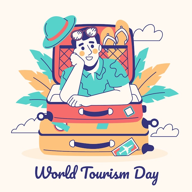 Ilustração desenhada à mão para a celebração do Dia Mundial do Turismo