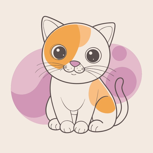 Vetor ilustração digital de um gato branco de estilo desenho animado bonito com grandes olhos pretos redondos e um pequeno