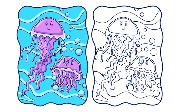 Ilustração dos desenhos animados duas águas-vivas estão nadando no mar com um livro ou página de ondas grandes para crianças