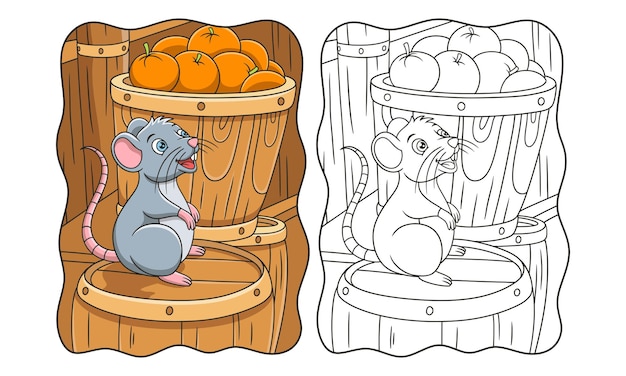 Ilustração dos desenhos animados um rato parado em uma pilha de barris cheios de frutas no livro ou página do armazém para crianças