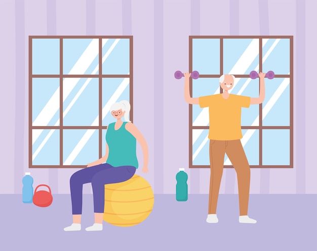 Ilustração em atividade de idosos, mulher mais velha e homem praticando exercícios com peso e bola na sala