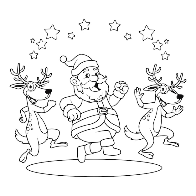 Ilustração em preto e branco esboçada para livro de colorir de Natal do Papai Noel correndo com desenho de cervos