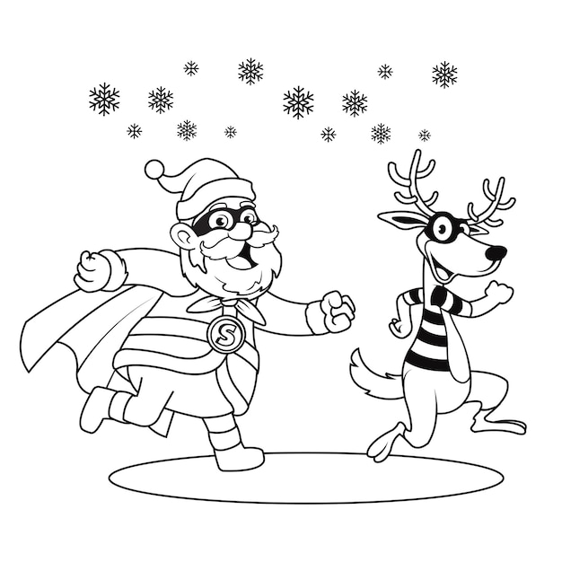 Ilustração em preto e branco para livro de colorir de Natal do veado vilão perseguidor de super-herói papai noel