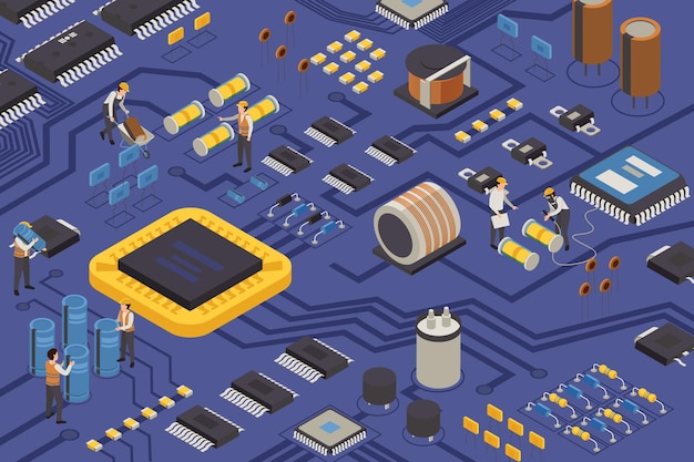 Ilustração isométrica de produção de elemento semicondutor