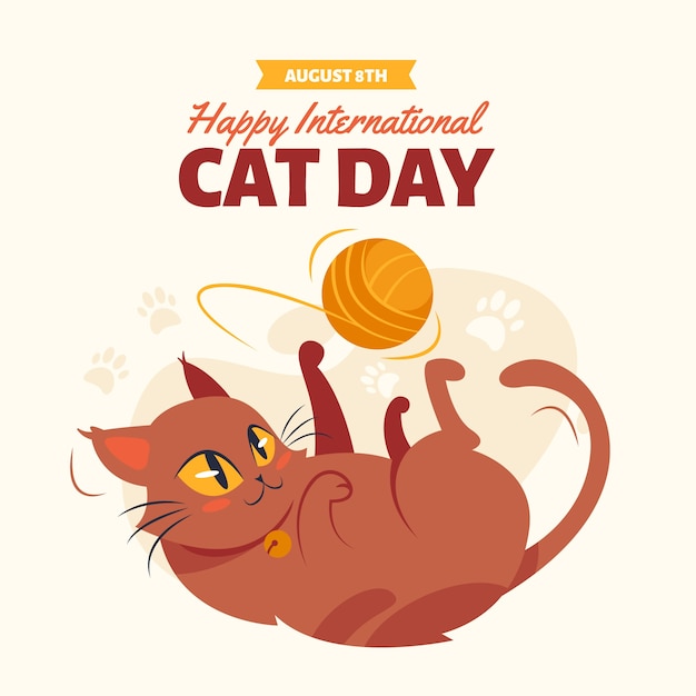 Ilustração plana do dia internacional do gato com ct brincando com fios