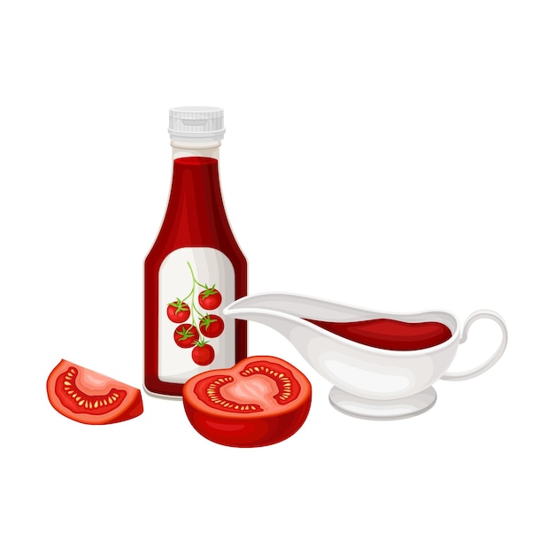 Vetor ilustração vetorial de ketchup em garrafa de plástico e barco de molho