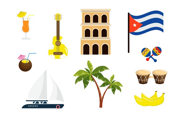 Vetor ilustração vetorial de um conjunto de sinais nacionais de cuba bebidas guitarra casa veleiro palmeiras e bandeira isoladas em fundo branco cuba