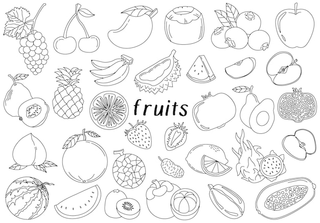 Ilustração vetorial do conjunto de elementos de linha preta e branca de frutas