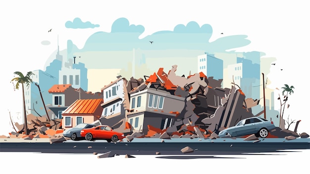 Ilustração vetorial do panorama da cidade do terremoto com danos