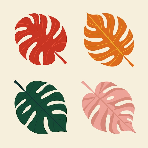 Vetor ilustrações coloridas de folhas tropicais em vermelho, laranja, verde e rosa sobre um fundo bege