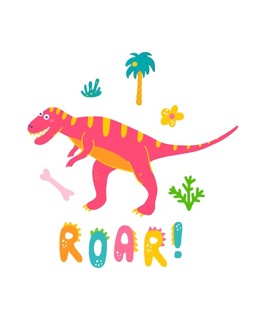 Impressão de bebê dinossauro fofo Tiranossauro em estilo desenhado à mão plana com Roar com letras à mão