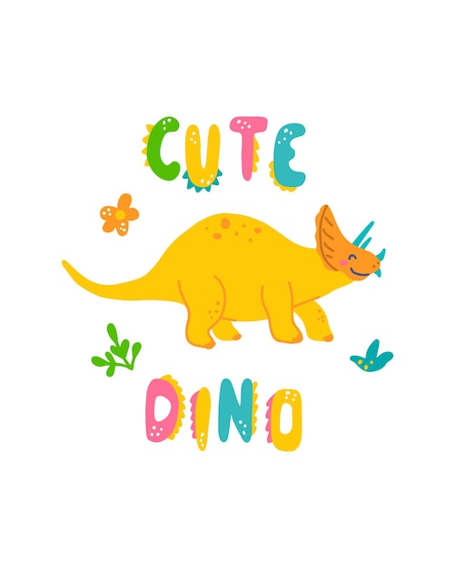 Impressão de bebê dinossauro fofo Triceratops em estilo desenhado à mão plana com letras de mão Dino fofo