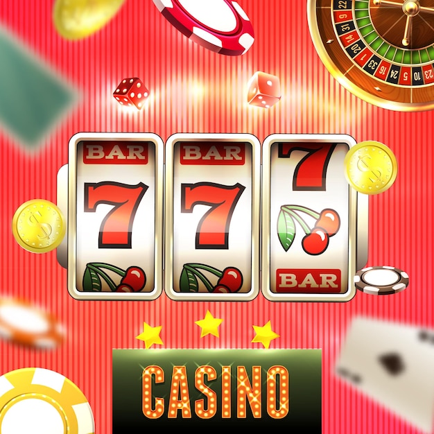 Jackpot de cassino realista com caça-níqueis fazendo ilustração 777