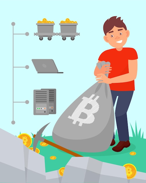 Jovem com saco cheio de bitcoins cryptocurrency mineração vetor ilustração em estilo simples