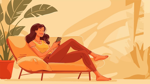 Vetor jovem mulher bonita relaxando dentro de casa com smartphone