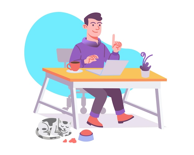 Jovem sentado na mesa estudando e trabalhando ilustração moderna