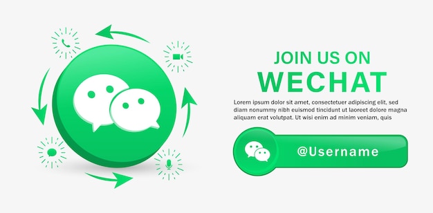 Junte-se a nós no banner de mídia social do wechat com logotipo 3d e ícones de notificação chat de mensagem de vídeo