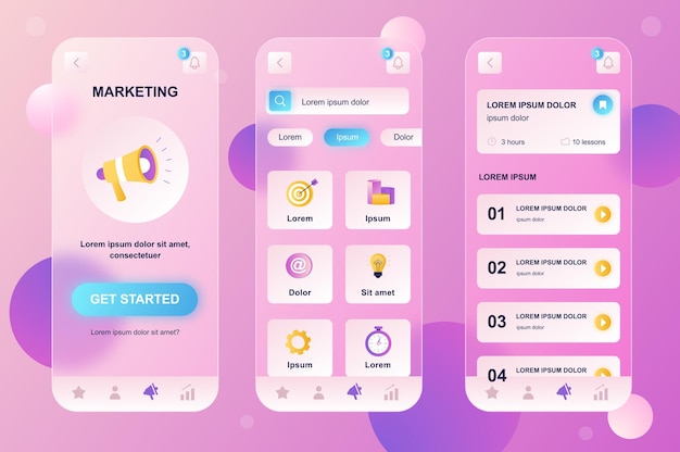 Kit de elementos neumórficos de design glassmorphic de marketing para conjunto de telas UI UX de aplicativos móveis