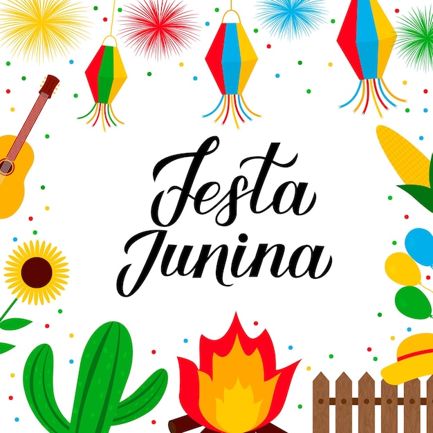 Letras de caligrafia de festa junina com elementos de clip art planos Festival de junho brasileiro Festa de São João Feriado na América Latina Modelo vetorial para convite de banner de panfleto de cartaz de tipografia etc