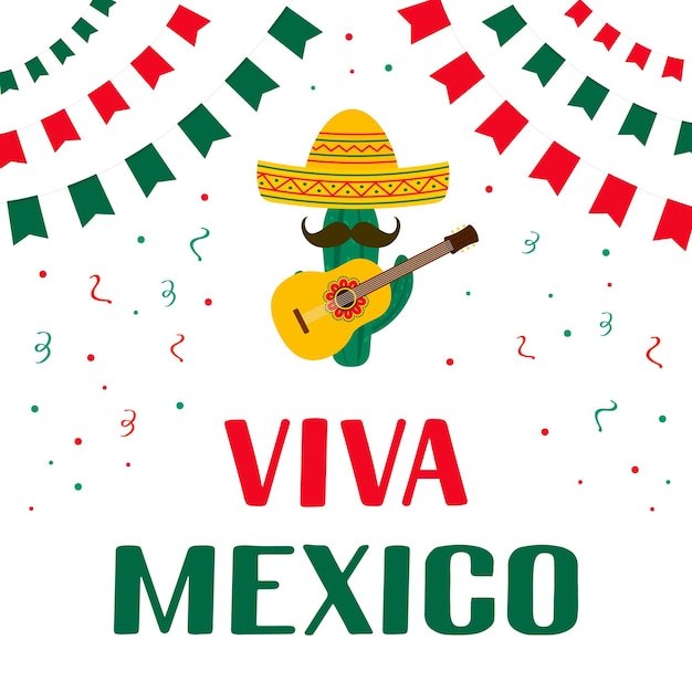 Letras Viva México com cacto sombrero e guitarra isoladas no branco Dia da Independência Mexicana comemorado em 16 de setembro Modelo vetorial para panfleto de cartão de banner de cartaz de tipografia