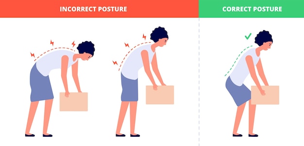 Vetor levantamento correto pesado segurança de saúde costas mulher plana posturas de caixa de elevação carga técnica adequada para coluna com conceito de vetor absoluto de alto peso