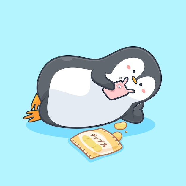 lindo pinguim preguiçoso jogando ilustração de smartphone