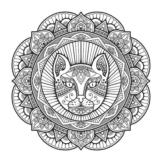 Livro de colorir mandala cabeça de gato.